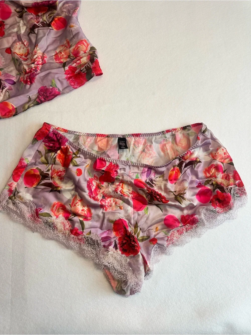Victoria's Secret Satin Pajama Set Floral Lace Trim Cami & Shorts